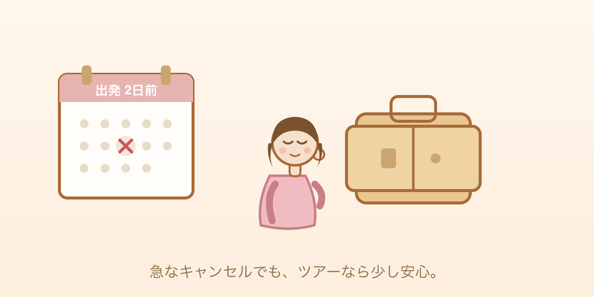 出発2日前にキャンセルした日のカレンダーと、スーツケース、少しほっとした表情の女性のイラスト
