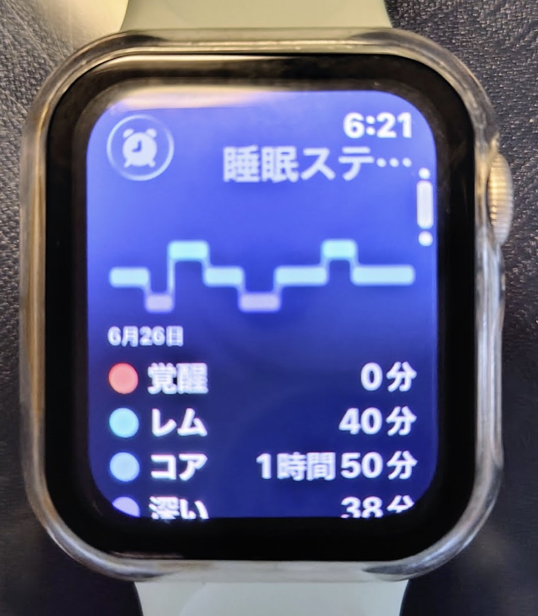 Apple Watchの睡眠ステージ画面。覚醒0分、レム40分、コア1時間50分、深い38分